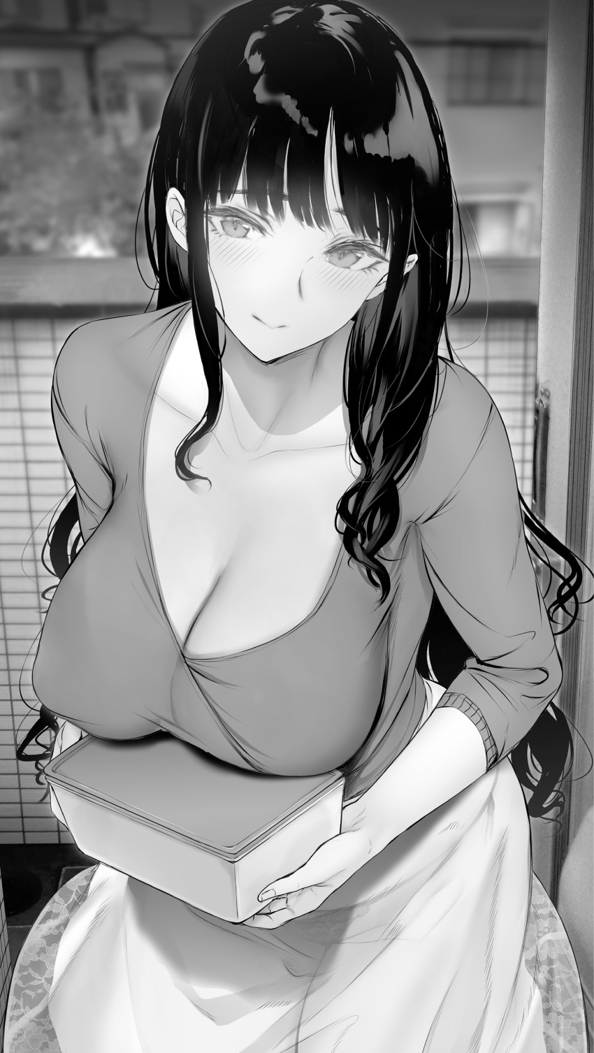 1girl absurdres bangs bento blouse blush breast_rest breasts carried_breast_rest carrying cleavage closed_mouth commentary_request doorway gentsuki greyscale highres large_breasts long_hair long_skirt mature_female monochrome original panties see-through see-through_skirt side-tie_panties skirt smile solo string_panties underwear white_skirt