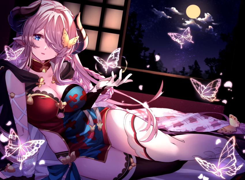 1girl arm_support asymmetrical_legwear bare_shoulders bed_sheet black_cape black_legwear black_panties blue_eyes braid breasts bug butterfly cape cleavage cloud collarbone commentary_request crown_braid detached_collar draph dress feet_out_of_frame full_moon glowing_butterfly granblue_fantasy hair_over_one_eye highres horns indoors lace-trimmed_dress lace-trimmed_legwear lace-trimmed_panties lace_trim large_breasts long_hair looking_at_viewer mismatched_legwear moon multiple_braids narmaya_(granblue_fantasy) on_bed panties parted_lips pointy_ears reclining short_dress sideless_outfit sidelocks signature sky smile solo star_(sky) starry_sky thighhighs two-tone_dress underwear very_long_hair white_legwear window yoake