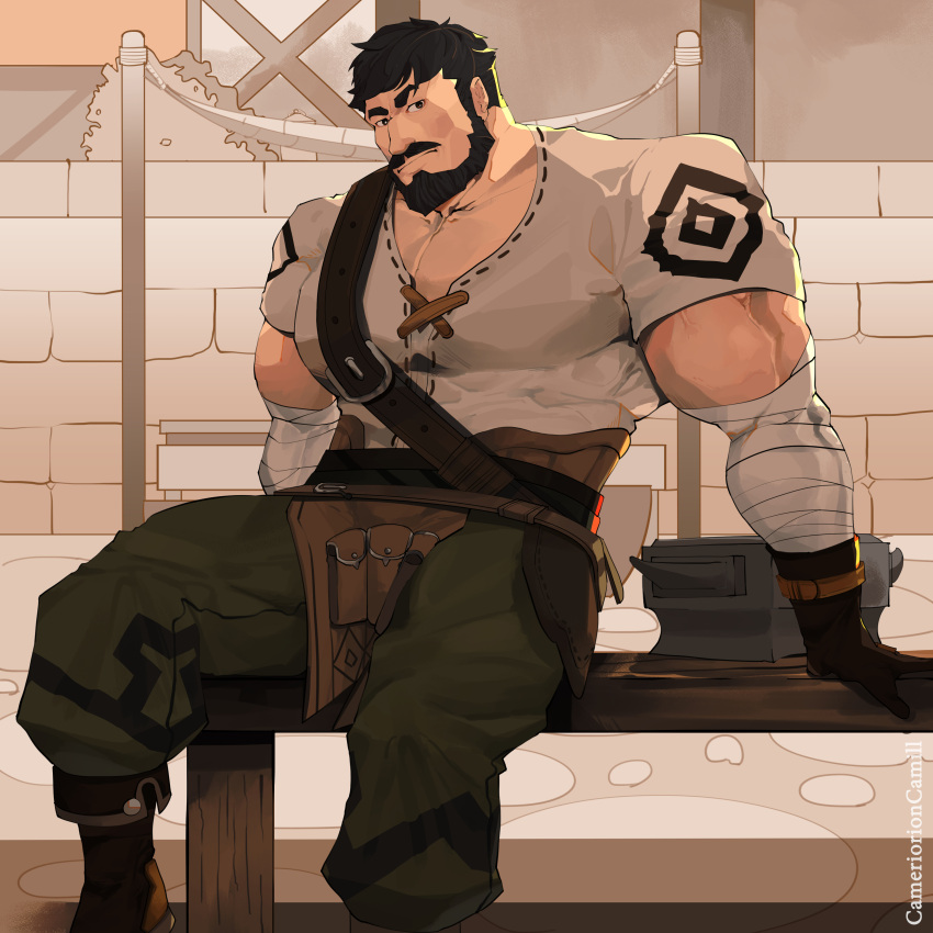 1boy absurdres alternate_pectoral_size bandaged_arm bandages bara beard black_eyes black_hair camerion_camill chest_belt cross-laced_clothes cross-laced_slit cross-laced_top facial_hair feet_out_of_frame genshin_impact green_pants highres large_pectorals looking_at_viewer male_focus mature_male muscular muscular_male mustache pants pectoral_cleavage pectorals pelvic_curtain short_hair sitting solo wagner_(genshin_impact)