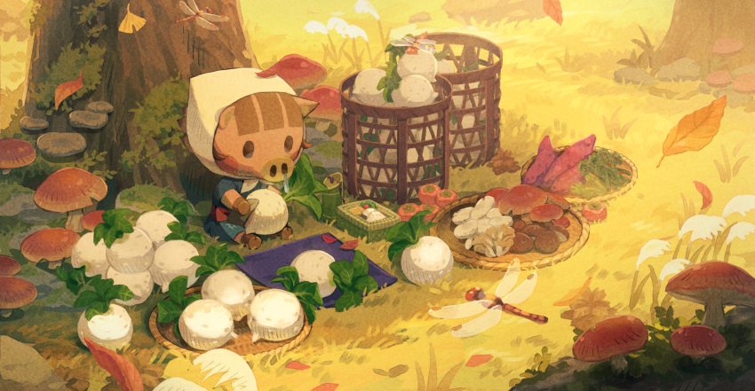 1girl animal_crossing autumn autumn_leaves basket boar bug commentary daisy_mae_(animal_crossing) dragonfly food from_above fruit furry furry_female grass head_scarf highres leaf moss mushroom on_grass outdoors persimmon rock saino sitting snot solo symbol-only_commentary tree turnip