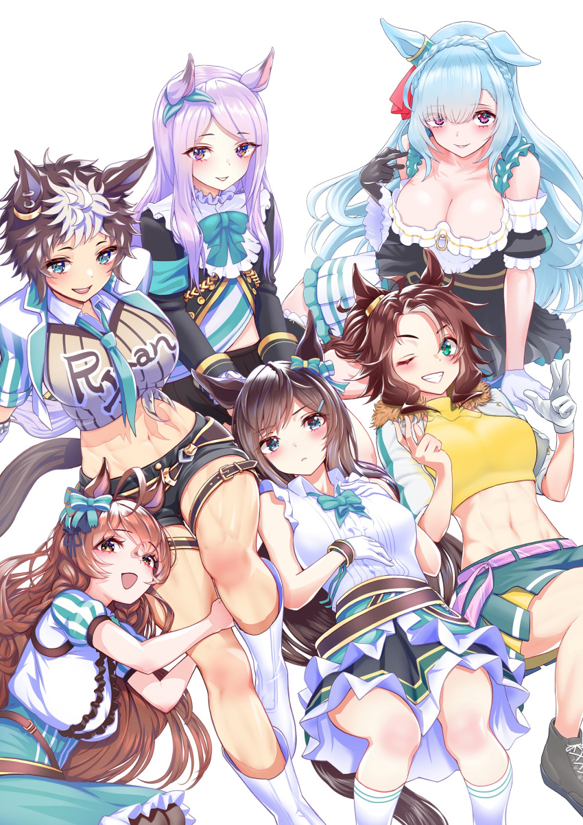6+girls aiguillette animal_ears aqua_eyes asymmetrical_gloves bangs belt black_gloves blunt_bangs boots bow bowtie braid breasts brown_hair cleavage commentary_request crop_top cropped_jacket crown_braid dress ear_bow ear_ornament ear_piercing eyebrows_visible_through_hair eyes_visible_through_hair fur_trim gloves gold_trim green_bow green_bowtie green_eyes green_necktie green_skirt hair_between_eyes hair_ornament hair_over_one_eye hairclip highres horse_ears horse_girl horse_tail jacket knee_boots light_blue_hair light_brown_eyes light_purple_hair looking_at_viewer mejiro_ardan_(umamusume) mejiro_bright_(umamusume) mejiro_dober_(umamusume) mejiro_mcqueen_(umamusume) mejiro_palmer_(umamusume) mejiro_ryan_(umamusume) midriff miniskirt mismatched_gloves multicolored_hair multiple_girls nabe_saori navel necktie off-shoulder_dress off_shoulder one_eye_closed piercing puffy_short_sleeves puffy_sleeves purple_eyes shoes short_hair short_shorts short_sleeves shorts skirt tail thigh_strap twin_braids two-tone_hair umamusume white_gloves white_hair white_jacket yellow_crop_top