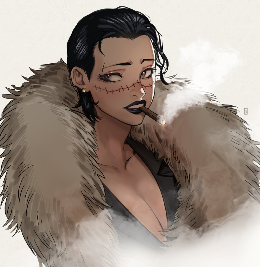 1girl artist_request black_hair breasts cigar cleavage earrings eyeshadow fur_trim genderswap genderswap_(mtf) hair_slicked_back highres jewelry lips lipstick makeup one_piece scar scar_on_face short_hair sir_crocodile sketch smoking solo source_request