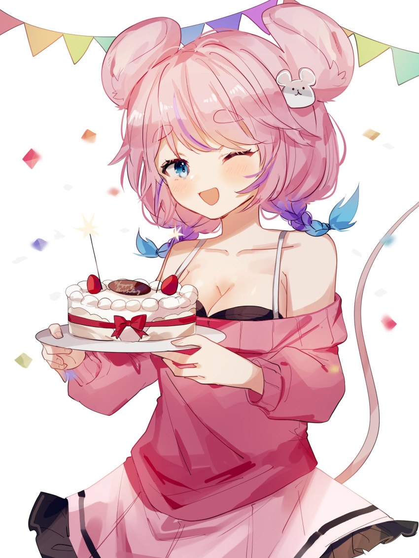 1girl animal_ears black_bra blue_eyes blush bra braid breasts cake cleavage collarbone commission emiri_kura english_commentary eyebrows_visible_through_hair food fruit gradient_hair highres holding holding_plate indie_virtual_youtuber medium_breasts mouse_ears mouse_girl mouse_hair_ornament mouse_tail multicolored_hair off-shoulder_sweater off_shoulder open_mouth pink_hair pink_skirt pink_sweater plate second-party_source skirt smile solo sorani_(kaeru0768) strawberry sweater tail twin_braids underwear virtual_youtuber