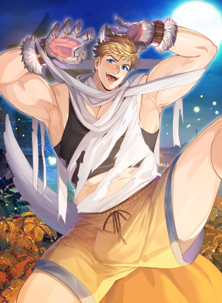 1boy absurdres alternate_pectoral_size animal_ears animal_hands arkapami bandages bangs bara black_tank_top blonde_hair fangs fangs_out full_moon gloves granblue_fantasy hands_up highres large_pectorals leg_up looking_at_viewer male_focus moon muscular muscular_male night night_sky open_mouth orange_shorts outdoors paw_gloves paw_pose pectoral_cleavage pectorals reward_available shirt short_hair shorts sidepec sitting sky smile solo tail tank_top thick_thighs thighs torn_clothes torn_shirt vane_(granblue_fantasy) white_shirt wolf_boy wolf_ears wolf_tail