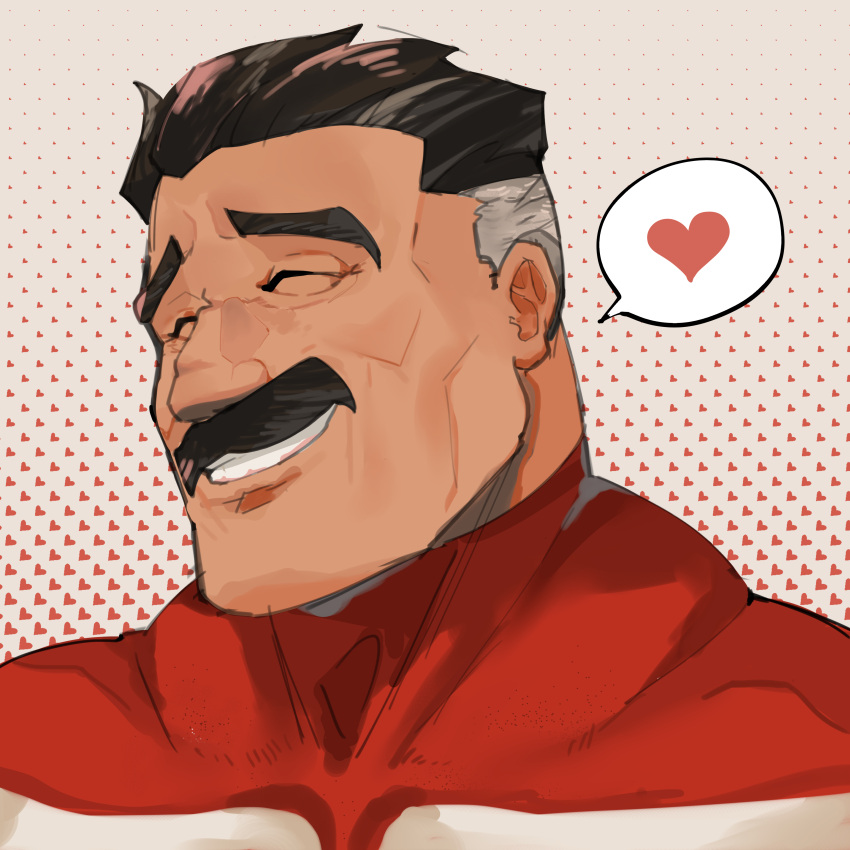 1boy absurdres bara black_hair camerion_camill closed_eyes face facial_hair heart highres invincible_(series) male_focus mature_male multicolored_hair muscular muscular_male mustache old old_man omniman short_hair sideburns smile solo spoken_heart two-tone_hair wrinkled_skin