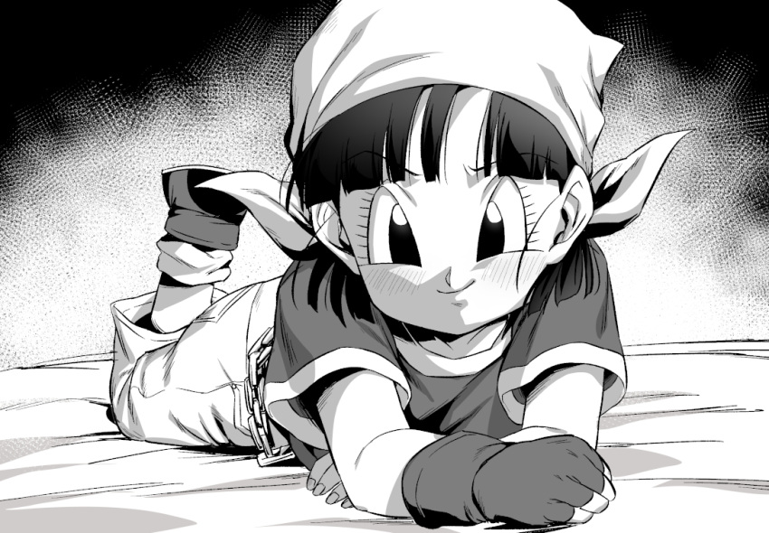 1girl bandana blush chain dragon_ball dragon_ball_gt fingerless_gloves full_body gloves greyscale legs_up looking_at_viewer lying monochrome on_bed on_stomach pan_(dragon_ball) pants rom_(20) shirt short_sleeves smile solo