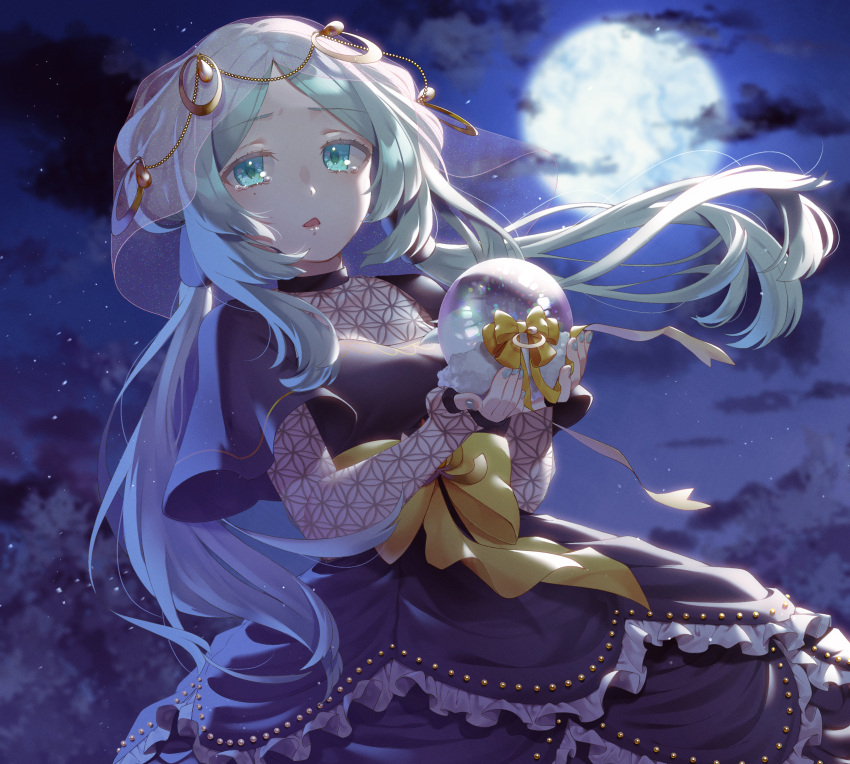 1girl ball blue_eyes blue_hair crystal_ball dress frilled_dress frills highres holding holding_ball light_blue_hair low_twintails magia_record:_mahou_shoujo_madoka_magica_gaiden mahou_shoujo_madoka_magica nail_polish night night_sky parted_lips ribbon sky solo toki_sunao twintails veil yupiteru