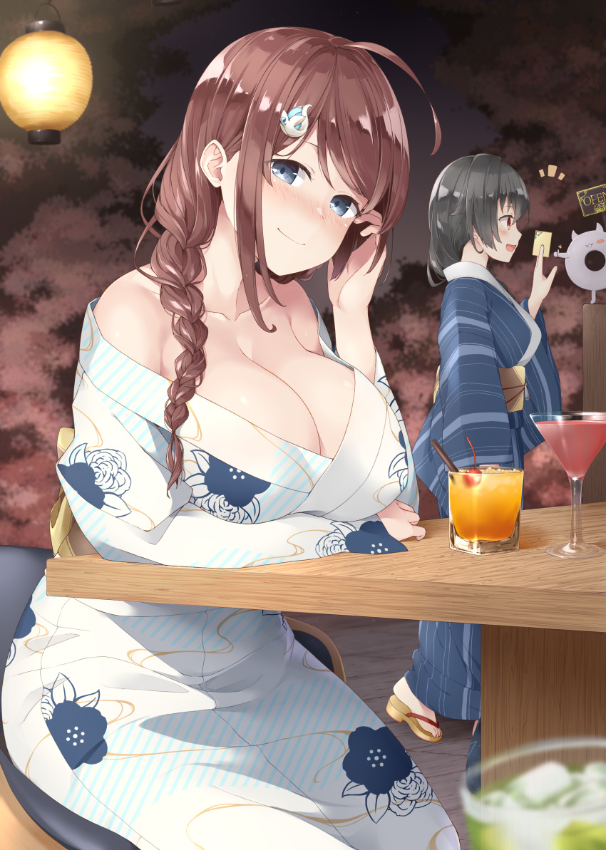 1other 2girls absurdres abyssal_ship ahoge alcohol black_hair blue_eyes blue_kimono blush braid breasts brown_hair chougei_(kancolle) closed_mouth collarbone cup drink drinking_glass drunk enemy_lifebuoy_(kancolle) hair_flaps hair_ornament highres japanese_clothes jingei_(kancolle) kantai_collection kimono large_breasts long_hair long_sleeves multiple_girls obi red_eyes sash single_braid smile white_kimono wide_sleeves yui_(seiga) yukata