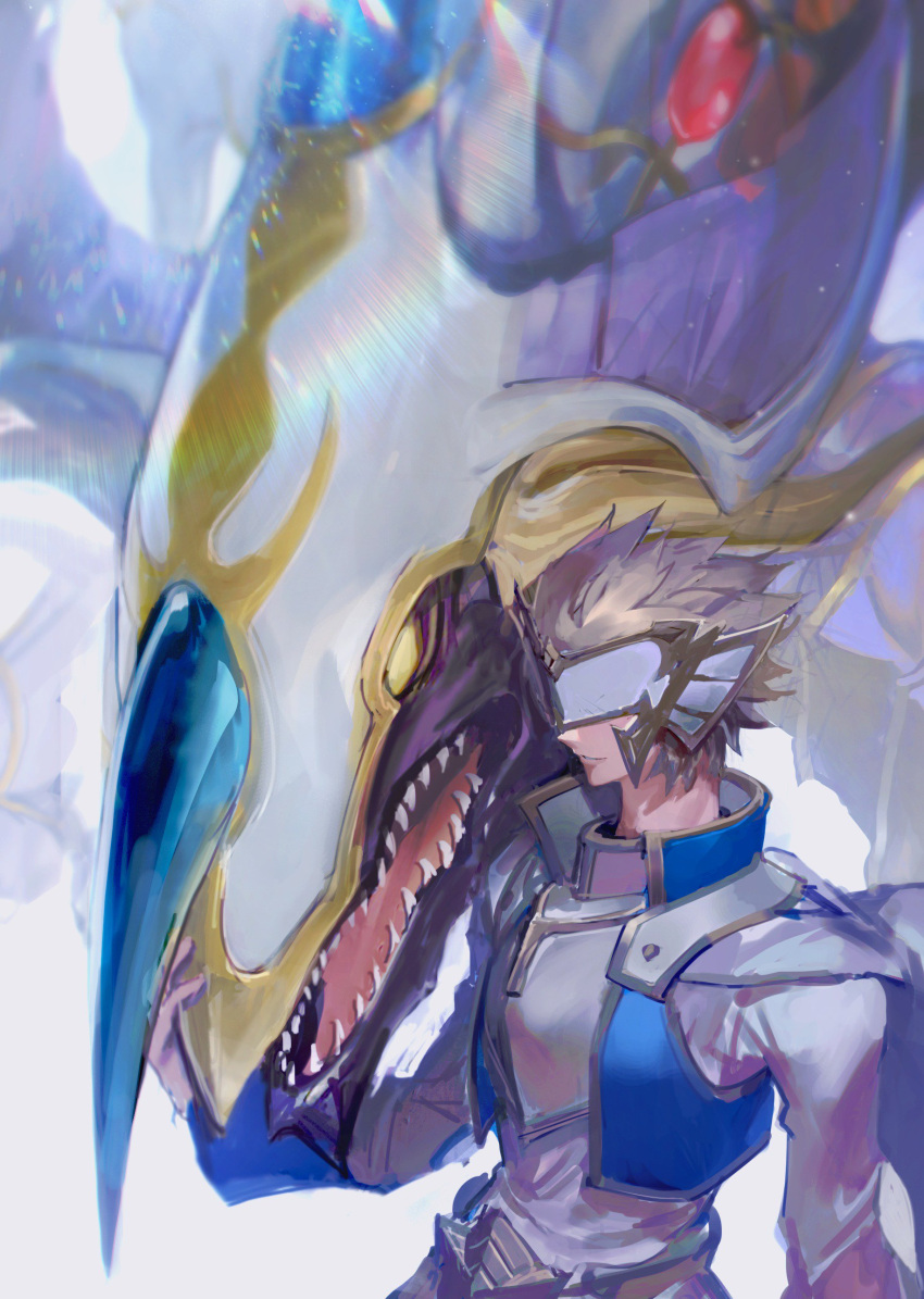 1boy absurdres armor blonde_hair breastplate cocaduel cropped_vest crystal_keeper dragon duel_academy_uniform_(yu-gi-oh!_gx) duel_monster half_mask highres horns jacket long_sleeves male_focus mask open_clothes open_jacket open_mouth petting popped_collar rainbow_dragon shirt short_hair single_horn spiked_hair teeth upper_body vest white_shirt yellow_eyes yu-gi-oh!