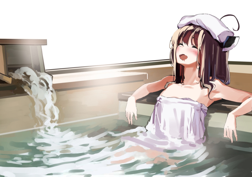 1girl ahoge bare_arms bare_shoulders blush brown_hair closed_eyes collarbone commentary drooling headgear lamb_(hitsujiniku) long_hair naked_towel onsen open_mouth partially_submerged relaxed saliva solo touhoku_kiritan towel towel_on_head voiceroid water wavy_mouth white_background