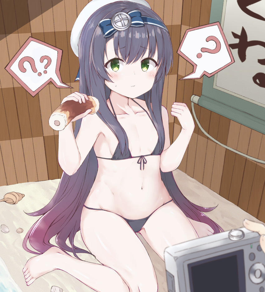 1girl 1other ? ?? absurdres bangs bare_arms bare_legs bare_shoulders barefoot bikini black_bikini black_hair blush camera commentary_request eyebrows_visible_through_hair flat_chest food gradient_hair green_eyes hat highres holding holding_food indoors kantai_collection long_hair looking_at_viewer matsuwa_(kancolle) micro_bikini multicolored_hair navel purple_hair seashell sexually_suggestive shell sitting solo_focus spoken_question_mark string_bikini sweatdrop swimsuit taking_picture very_long_hair wariza white_headwear yui_(seiga)