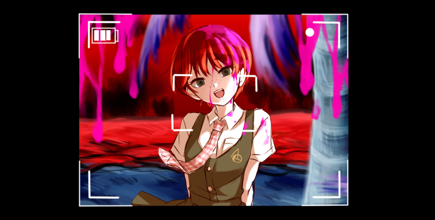 1girl absurdres arms_behind_back bangs black_background blood blood_in_hair blood_on_clothes blood_on_face blue_background breast_pocket collared_shirt commentary_request danganronpa_(series) danganronpa_2:_goodbye_despair dress eyebrows_visible_through_hair freckles green_dress green_eyes highres koizumi_mahiru necktie palm_tree pink_blood plaid_necktie pocket red_background red_hair shan_ji_jing_wu_(sngktry) shirt short_hair short_sleeves solo taking_picture teeth tree upper_teeth