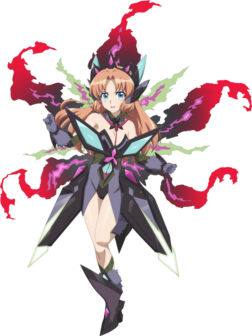 1girl absurdres blue_eyes breasts brown_hair chuunioniika cleavage collarbone detached_collar elbow_gloves floating_hair full_body gloves hair_intakes highres ignite_module kneehighs leg_up long_hair looking_at_viewer open_mouth senki_zesshou_symphogear senki_zesshou_symphogear_xd_unlimited serena_cadenzavna_eve shiny shiny_skin small_breasts solo standing standing_on_one_leg transparent_background very_long_hair