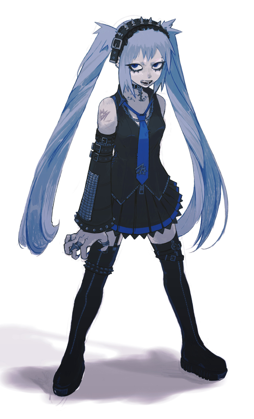 1girl absurdres belt black_collar black_footwear black_skirt blue_eyes blue_nails blue_necktie boots capshino chain collar commentary detached_sleeves fingernails hagane_miku hagane_vocaloid hatsune_miku highres jewelry long_fingernails long_hair necktie no_eyebrows pleated_skirt silver_hair skirt solo thigh_boots thighhighs twintails very_long_hair vocaloid