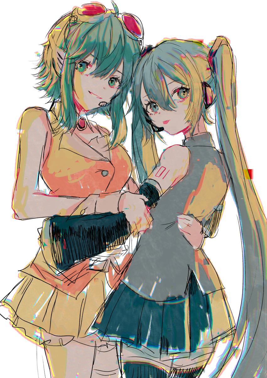 2girls absurdres bangs blue_hair blue_skirt breasts collared_shirt commentary goggles goggles_on_head gomiyama green_hair green_skirt grey_shirt gumi hatsune_miku headset highres hug long_hair looking_at_viewer medium_breasts multiple_girls orange_shirt shirt short_hair sketch skirt sleeveless sleeveless_shirt sleeves_past_wrists smile thigh_strap thighhighs tongue tongue_out twintails vocaloid white_background