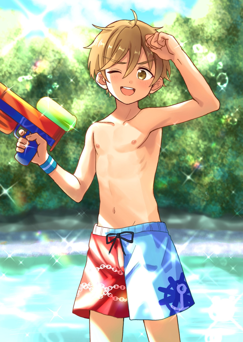 1boy bare_arms bare_pectorals bare_shoulders blonde_hair bubble child cloud cloudy_sky commentary_request ensemble_stars! eyebrows_visible_through_hair highres komorebi looking_at_viewer male_focus male_swimwear mashiro_tomoya navel no_shirt one_eye_closed outdoors pectorals sky solo sunlight swim_briefs swim_trunks teeth topless topless_male water water_gun yellow_eyes