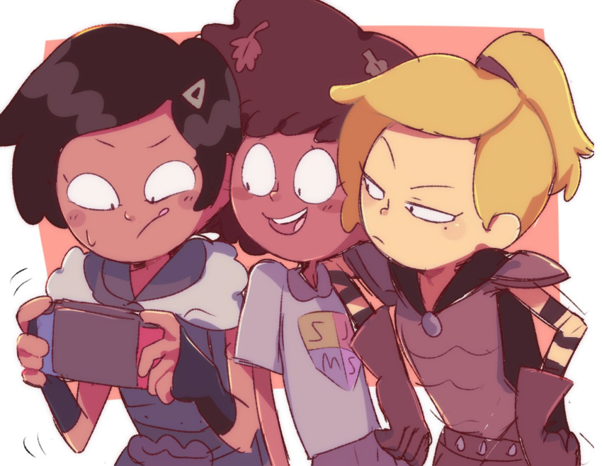 3girls :p akakon_ow amphibia anne_boonchuy armor black_hair blonde_hair brown_gloves brown_hair dark-skinned_female dark_skin gloves marcy_wu multiple_girls open_mouth playing_games sasha_waybright shoulder_armor smile tongue tongue_out