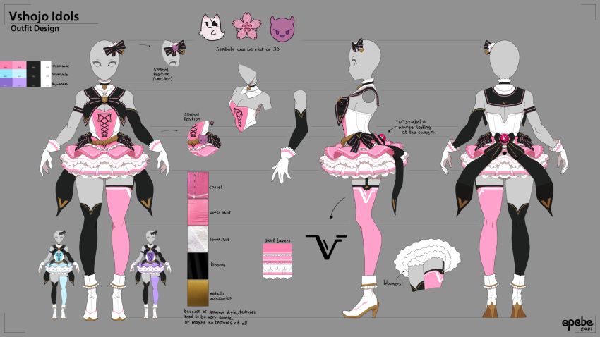 2021 bald bald_girl black_bow blue_dress bow character_sheet color_guide concept_art dress english_commentary epebe flower gloves grey_background high_heels highres idol_clothes official_art open_hands pink_dress pink_flower purple_dress single_thighhigh thighhighs vshojo white_footwear white_gloves
