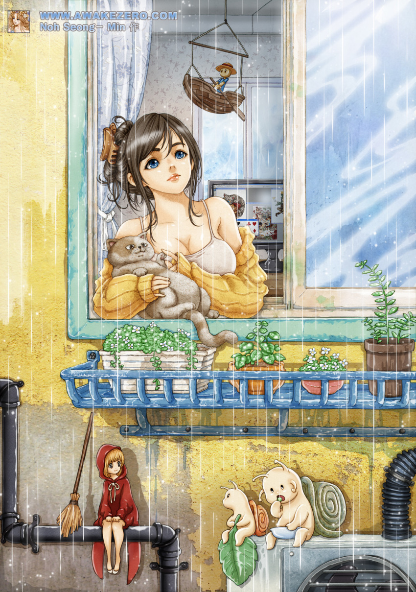 2girls air_conditioner artist_name bare_shoulders blue_eyes breasts brown_hair cat cleavage commentary_request flower_pot highres korean_commentary large_breasts looking_outside looking_up minigirl multiple_girls noh_seong-min original pipe rain snail upper_body window