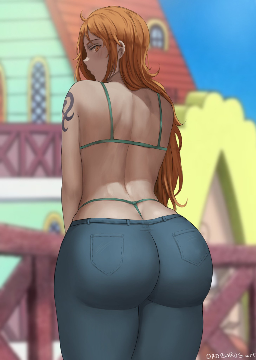 1girl ass back bikini bikini_top denim expressionless from_behind highres jeans long_hair looking_at_viewer nami_(one_piece) one_piece orange_eyes orange_hair outdoors pants sauvagex shoulder_tattoo solo swimsuit tattoo thong_bikini whale_tail
