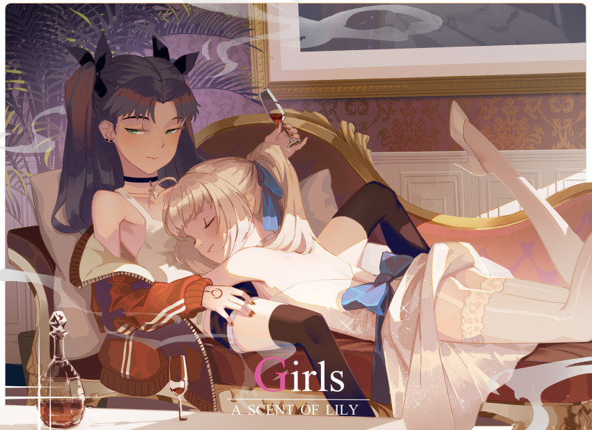2girls ahoge alternate_costume artoria_pendragon_(fate) backless_dress backless_outfit bare_shoulders black_choker black_legwear blonde_hair blue_ribbon blush border brown_hair choker closed_eyes cognac collarbone command_spell cross cross_choker cup dress drinking_glass earclip english_text fate/stay_night fate_(series) green_eyes highres jacket looking_to_the_side lying lying_on_person multiple_girls nail_polish off_shoulder on_stomach open_clothes open_jacket picture_frame ponytail raised_eyebrows red_jacket red_nails ribbon saber_lily spread_legs tea_sly the_pose thighhighs thighs tohsaka_rin white_border yuri