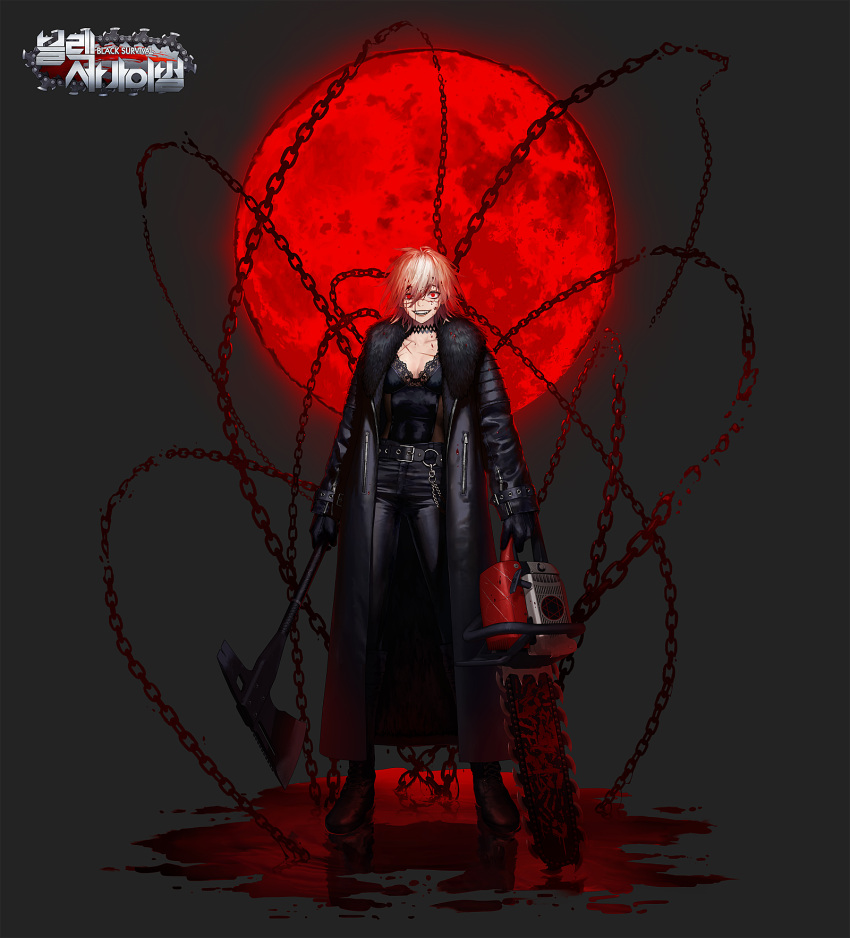 1girl axe backlighting belt black_coat black_footwear black_gloves black_survival blonde_hair blood blood_in_hair blood_on_clothes blood_on_face chain chainsaw coat collarbone dgk dripping fangs fur-trimmed_coat fur_trim gloves grey_background hair_between_eyes hand_print highres holding holding_axe holding_chainsaw holding_weapon jackie_quilt medium_hair moon o-ring_belt open_clothes open_coat open_mouth pool_of_blood puddle red_eyes red_moon reflection scar scar_on_face scar_on_nose simple_background sleeves_past_wrists smile solo teeth weapon zipper zipper_pull_tab