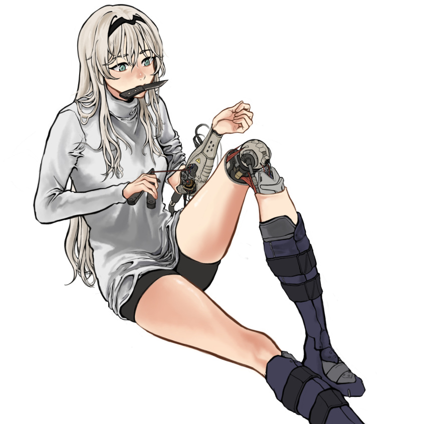 1girl an-94_(girls'_frontline) android asaripan bike_shorts black_shorts blue_eyes boots commentary_request eyebrows_visible_through_hair girls'_frontline grey_hair hairband highres joints knee_up knife knife_in_mouth long_hair long_sleeves mechanical_parts mouth_hold pliers repairing robot_joints shirt shorts simple_background sitting sleeve_rolled_up solo turtleneck white_background white_shirt wire