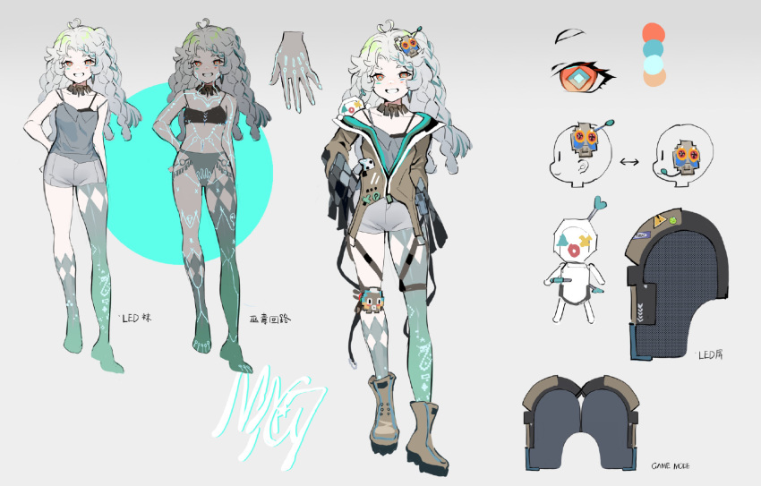 1girl boots bra braid character_name concept_art full_body girls'_frontline green_hair green_pupils grey_hair grey_shirt grey_shorts grin hair_ornament highres hillly_(maiwetea) long_hair looking_at_viewer mag-7_(girls'_frontline) multicolored_hair off_shoulder orange_eyes shirt shorts smile solo spaghetti_strap square_pupils streaked_hair underwear