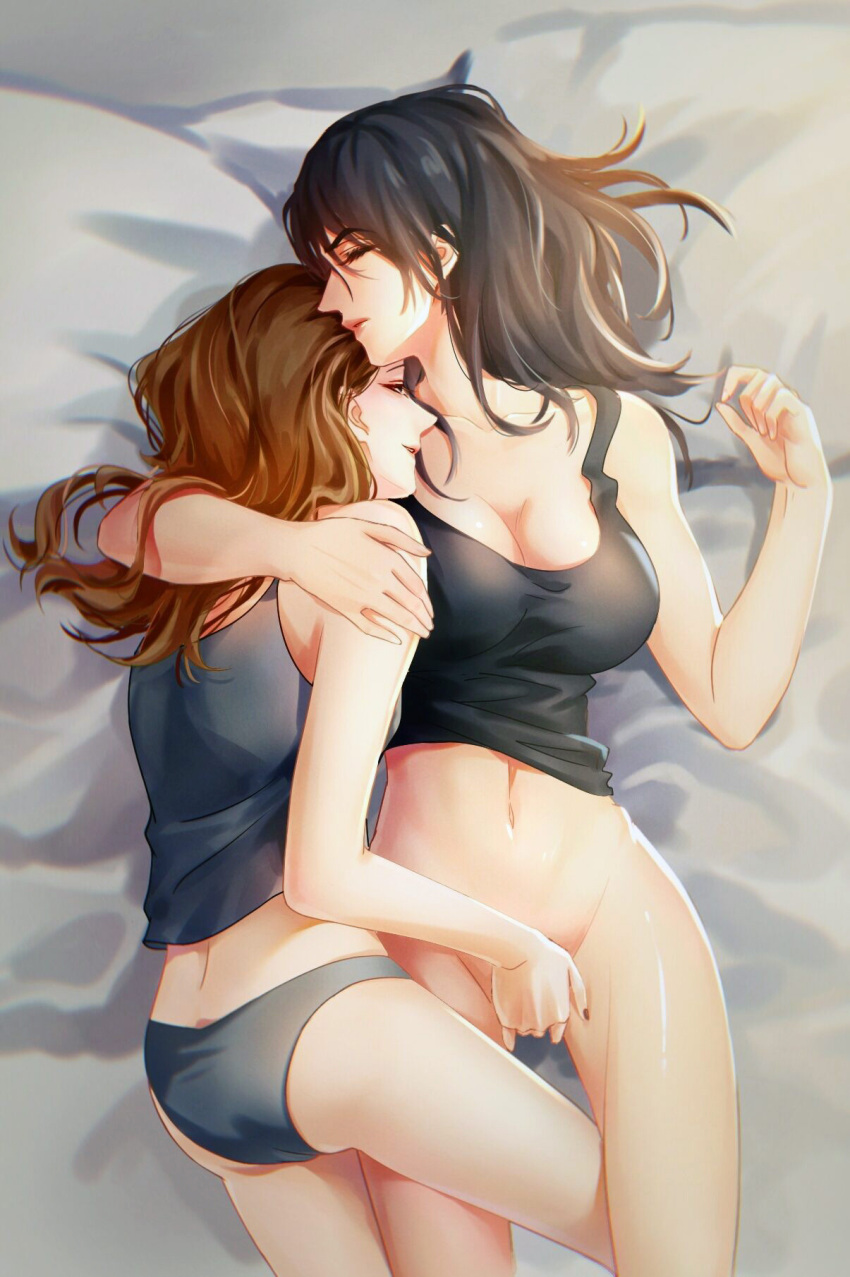 2girls arm_around_shoulder black_hair black_tank_top bottomless breasts brown_hair cleavage closed_eyes fingering from_side highres long_hair lunorafc lying midriff multiple_girls no_panties no_pants person_of_interest root_(person_of_interest) sameen_shaw_(person_of_interest) smile tank_top yuri