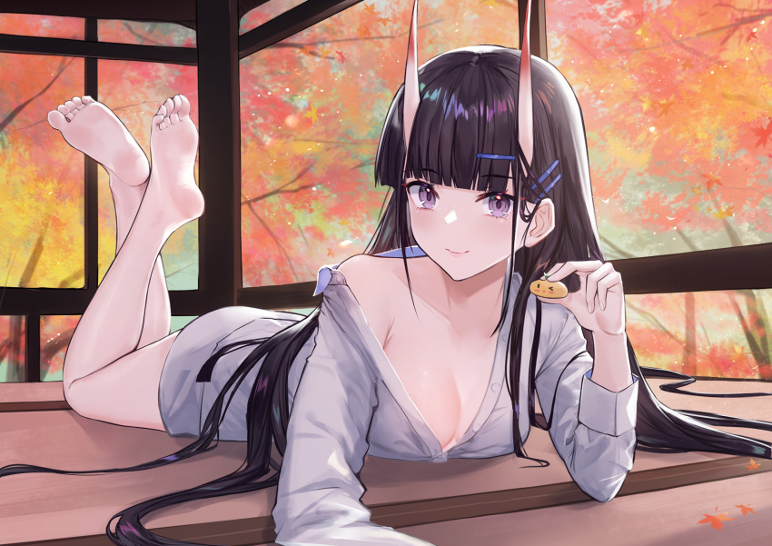 1girl autumn azur_lane bangs barefoot black_hair blunt_bangs breasts cleavage closed_mouth commentary_request crossed_ankles eyebrows_visible_through_hair feet full_body grey_shirt hair_ornament hairclip highres horns lim_(ramu) long_hair long_sleeves looking_at_viewer lying manjuu_(azur_lane) medium_breasts noshiro_(azur_lane) noshiro_(cozy_enclave)_(azur_lane) off_shoulder official_alternate_costume on_stomach oni_horns purple_eyes shirt soles solo the_pose toes very_long_hair