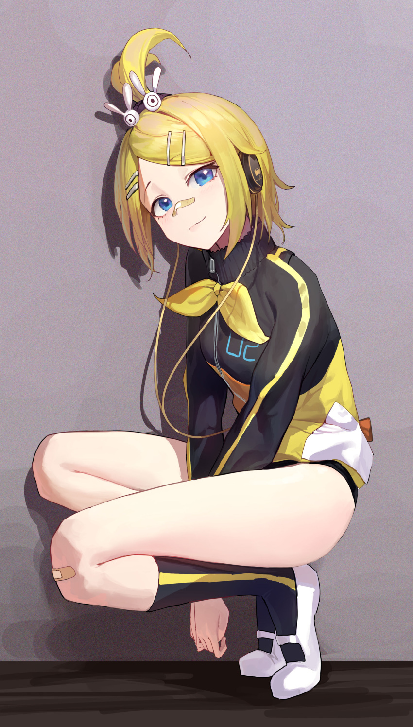 1girl absurdres ahoge bandaid bandaid_on_knee bandaid_on_nose black_footwear black_jacket blonde_hair blue_eyes closed_mouth full_body hair_ornament hairclip headphones highres jacket kagamine_rin light_smile looking_at_viewer mac_star multicolored_clothes multicolored_jacket project_diva_(series) shoes short_hair smile socks solo squatting stylish_energy_(module) thighs track_jacket two-tone_jacket vocaloid yellow_jacket