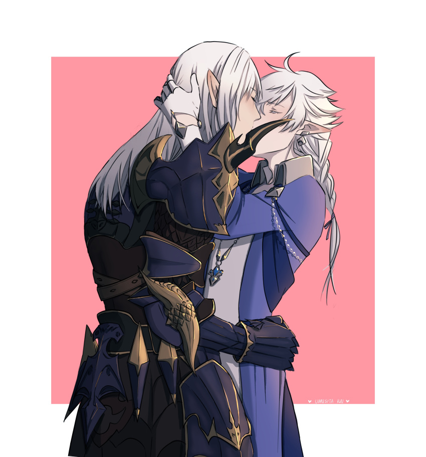 2381467261 2boys absurdres alphinaud_leveilleur arm_around_neck armor braid closed_eyes coat earclip elezen elf estinien_varlineau face-to-face facing_another final_fantasy final_fantasy_xiv gauntlets grey_hair hand_on_another's_head hand_on_another's_hip height_difference highres jewelry kiss long_hair male_focus multiple_boys pendant pointy_ears shoulder_armor sidelocks spikes yaoi