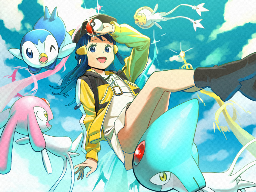 1girl ;d azelf bangs baseball_cap black_footwear boots cloud commentary_request dawn_(pokemon) day dress hand_up hat holding holding_poke_ball jacket long_hair long_sleeves looking_at_viewer matsu_bokkuri mesprit one_eye_closed open_clothes open_jacket open_mouth outdoors piplup poke_ball poke_ball_(basic) pokemon pokemon_(creature) pokemon_(game) pokemon_bdsp sky smile tongue uxie white_dress yellow_jacket