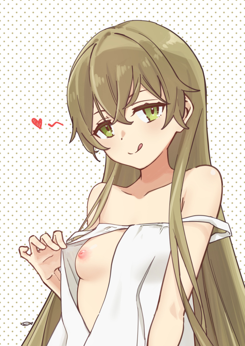 1girl bare_shoulders breasts clothes_pull collarbone commentary_request dress girls'_frontline girls'_frontline_neural_cloud green_eyes green_hair hair_between_eyes heart highres licking_lips long_hair looking_at_viewer nipples off_shoulder rfb_(girls'_frontline) small_breasts smile solo tetra_(djrs8858) tongue tongue_out upper_body white_dress
