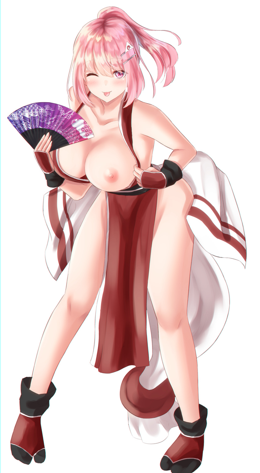 1girl ;p absurdres areolae bangs breasts cleavage closed_mouth commission commissioner_upload cosplay fatal_fury fingerless_gloves folding_fan full_body gloves hair_ornament hand_fan highres holding holding_fan japanese_clothes kimono kimono_pull large_breasts looking_at_viewer ninja nipples one_breast_out one_eye_closed pink_eyes pink_hair ponytail red_kimono saigyouji_yuyuko saigyouji_yuyuko's_fan_design shiranui_(wasuresateraito) shiranui_mai shiranui_mai_(cosplay) short_hair skeb_commission smile solo the_king_of_fighters tongue tongue_out touhou