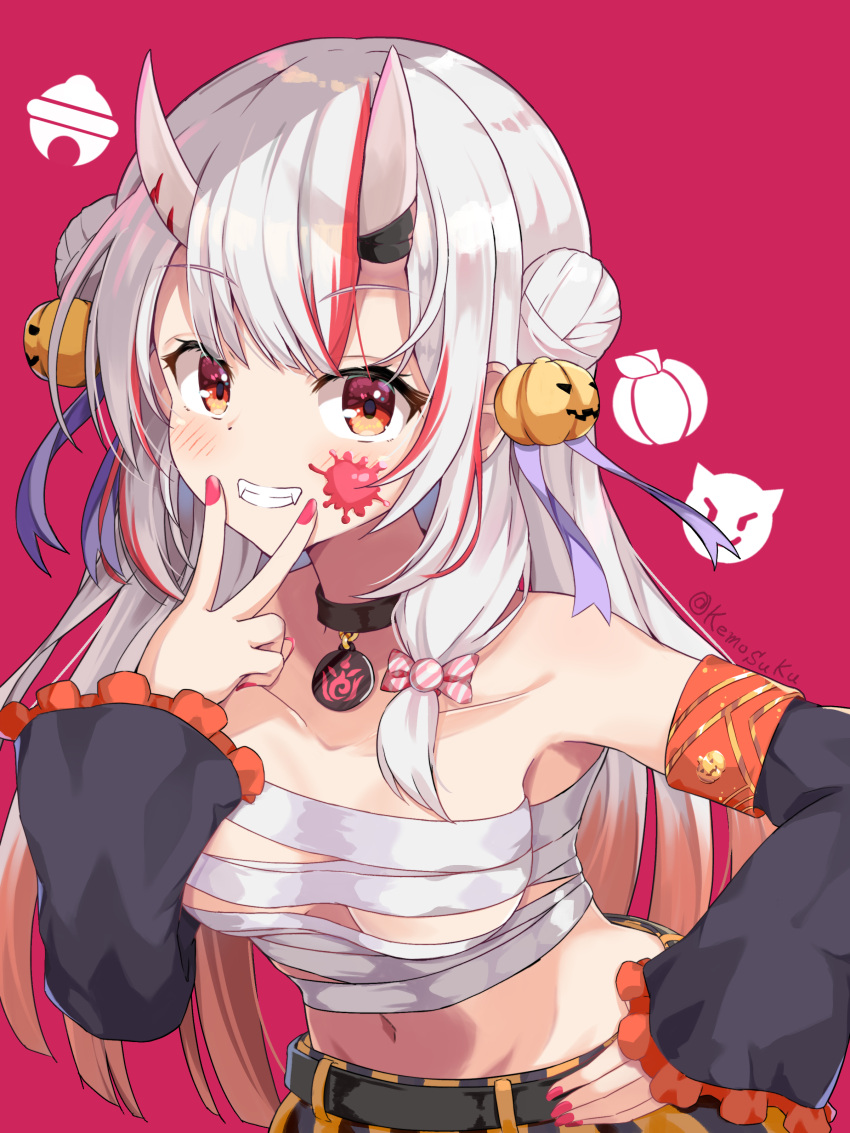 1girl absurdres bangs bell belt black_choker black_pants black_sleeves breasts budget_sarashi choker commentary_request detached_sleeves double_bun emoji eyebrows_visible_through_hair food-themed_hair_ornament gradient_hair grin hair_ornament hand_up highres hololive horns keesuke_(kkosyoku) looking_at_viewer medium_breasts multicolored_hair nail_polish nakiri_ayame navel oni_horns orange_hair paint_splatter paint_splatter_on_face pants pink_background pink_nails pumpkin pumpkin_hair_ornament red_hair sarashi side_bun simple_background smile solo streaked_hair teeth v v_over_mouth virtual_youtuber white_hair