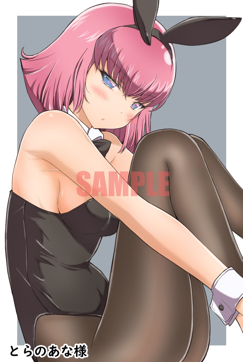 1girl animal_ears arasa_ol_haman-sama bangs black_bow black_bowtie black_legwear black_leotard blue_eyes border bow bowtie breasts detached_collar eyebrows_visible_through_hair fake_animal_ears fetal_position from_side grey_background gundam haman_karn highres iwasaki_masakazu leotard medium_breasts outside_border pantyhose pink_hair playboy_bunny rabbit_ears sample short_hair solo watermark white_border