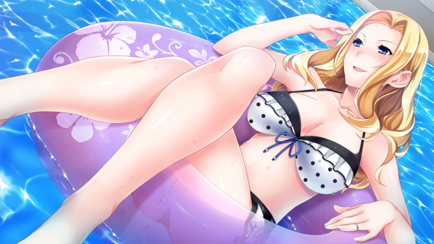 1girl :d bikini blonde_hair blue_eyes blue_ribbon blush breasts cleavage collarbone crossed_legs dutch_angle frilled_bikini frills front-tie_bikini front-tie_top game_cg hair_intakes halterneck hibiscus_print hitozuma_swimming_club innertube ino_(magloid) jewelry kayashima_aki large_breasts long_hair official_art polka_dot polka_dot_bikini ribbon ring shiny shiny_hair smile solo swimsuit very_long_hair wedding_ring white_bikini