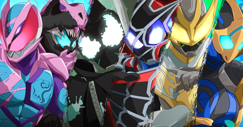 1girl 5boys arachne armor arthropod_girl bat bat_genome black_armor blue_armor blue_eyes bug cobra_genome demon_boy dinosaur dual_persona everyone gloves glowing glowing_eyes grey_gloves highres horns kamen_rider kamen_rider_demons kamen_rider_evil kamen_rider_jeanne kamen_rider_live kamen_rider_revi kamen_rider_revice kamen_rider_vice miyabi_(037) monster_girl multiple_boys orange_armor rex_genome sharp_teeth siblings silk single_horn spider spider_genome spider_girl spider_web spider_web_print taur teeth tyrannosaurus_rex white_armor yellow_eyes