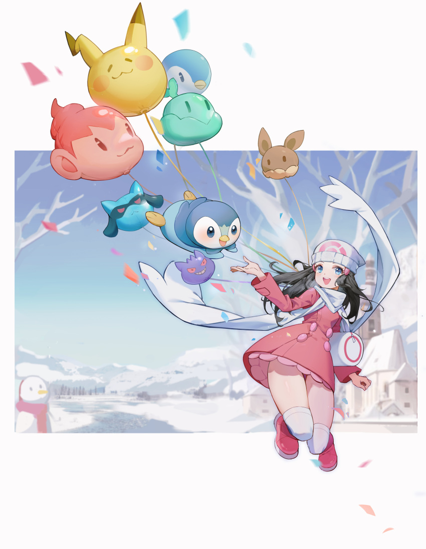 1girl :d absurdres bare_tree beanie black_hair blue_eyes boots chimchar coat commentary dawn_(pokemon) dezhouyou_touguigui eevee floating_scarf gengar hair_ornament hairclip hat highres long_hair long_sleeves open_mouth outdoors pikachu piplup pokemon pokemon_(creature) pokemon_(game) pokemon_dppt pokemon_platinum riolu scarf sky smile snowman teeth themed_object thighhighs tongue tree turtwig upper_teeth white_legwear white_scarf winter