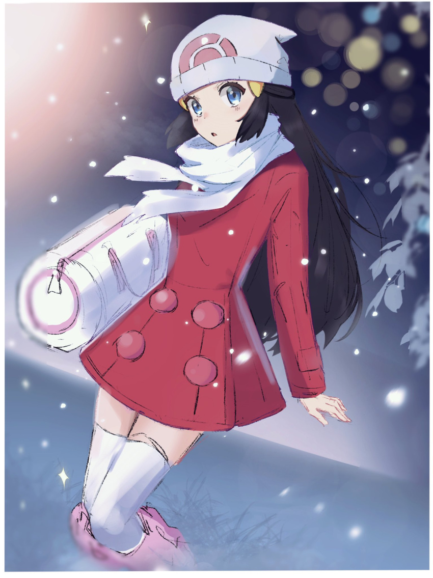1girl bag beanie black_hair blue_eyes blush boots coat commentary_request dawn_(pokemon) duffel_bag eyelashes floating_scarf hair_ornament hairclip hat highres legs_together long_hair long_sleeves outdoors parted_lips pink_footwear pokemon pokemon_(game) pokemon_dppt pokemon_platinum rans_(foojunsk2303) red_coat scarf snowing solo thighhighs white_bag white_headwear white_legwear white_scarf winter_clothes