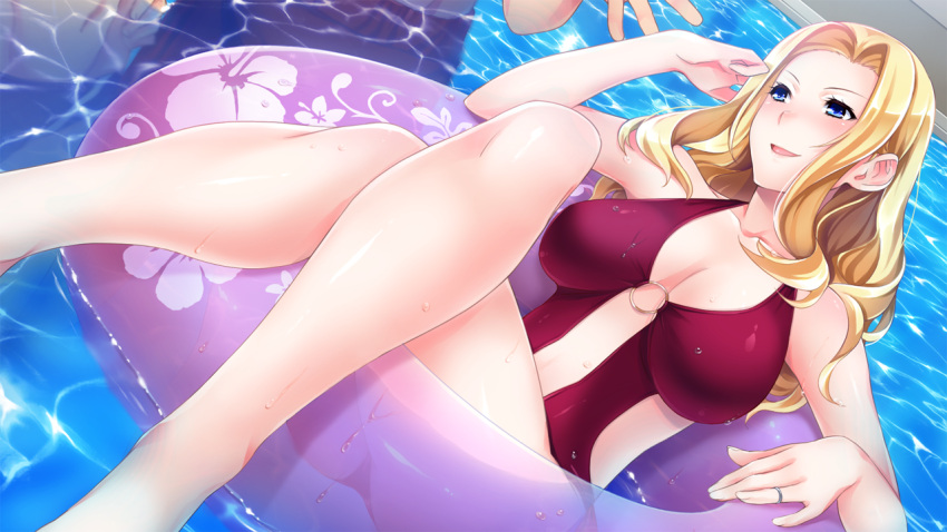 1girl :d blonde_hair blue_eyes blush breasts casual_one-piece_swimsuit cleavage collarbone crossed_legs dutch_angle game_cg hair_intakes halterneck hibiscus_print hitozuma_swimming_club innertube ino_(magloid) jewelry kayashima_aki large_breasts long_hair official_art one-piece_swimsuit pool red_swimsuit ring shiny shiny_hair smile solo_focus swimsuit very_long_hair wedding_ring
