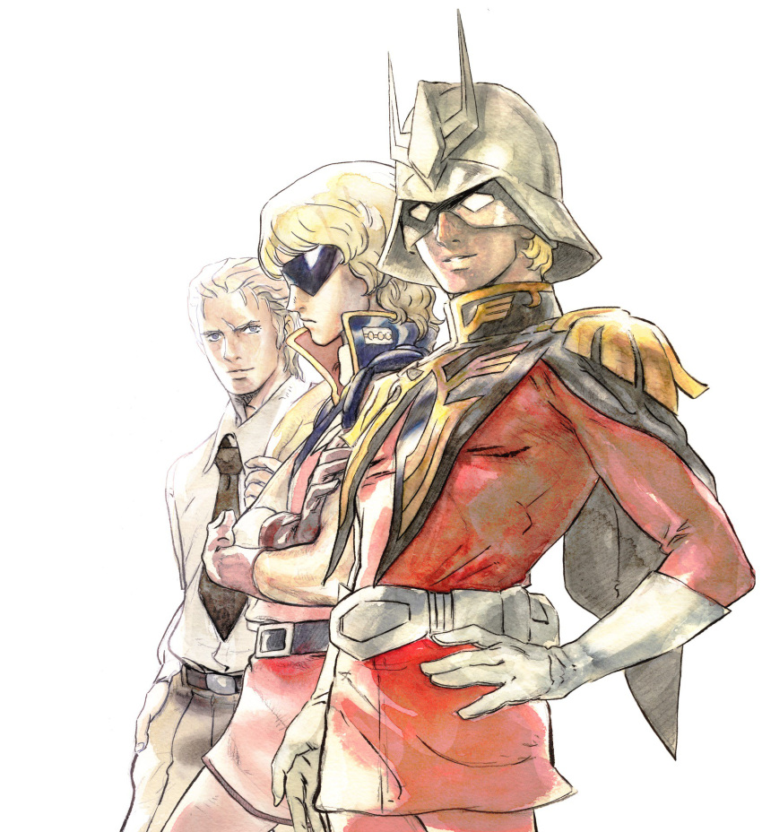 belt blonde_hair blue_eyes char's_counterattack char_aznable closed_mouth dual_persona gloves gundam highres looking_at_viewer mask military military_uniform mobile_suit_gundam necktie quattro_vageena simple_background smile sunglasses uniform white_background yasuda_akira zeta_gundam