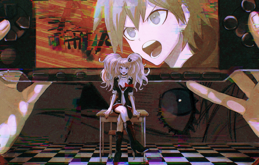 1boy 1girl 1other :d bangs bear_hair_ornament black_bra black_choker black_footwear black_necktie black_shirt blonde_hair blue_eyes blush boots bow bow_shirt bra breasts brown_hair checkered checkered_floor choker cleavage collarbone crossed_legs danganronpa:_trigger_happy_havoc danganronpa_(series) enoshima_junko full_body grey_necktie hair_ornament handheld_game_console high_heel_boots high_heels highres holding holding_handheld_game_console hood hoodie knee_boots large_breasts long_hair looking_at_viewer miniskirt naegi_makoto necktie playstation_portable red_bow red_skirt school_uniform shiny shiny_hair shirt short_sleeves sitting skirt smile teeth translation_request twintails underwear upper_teeth visket53