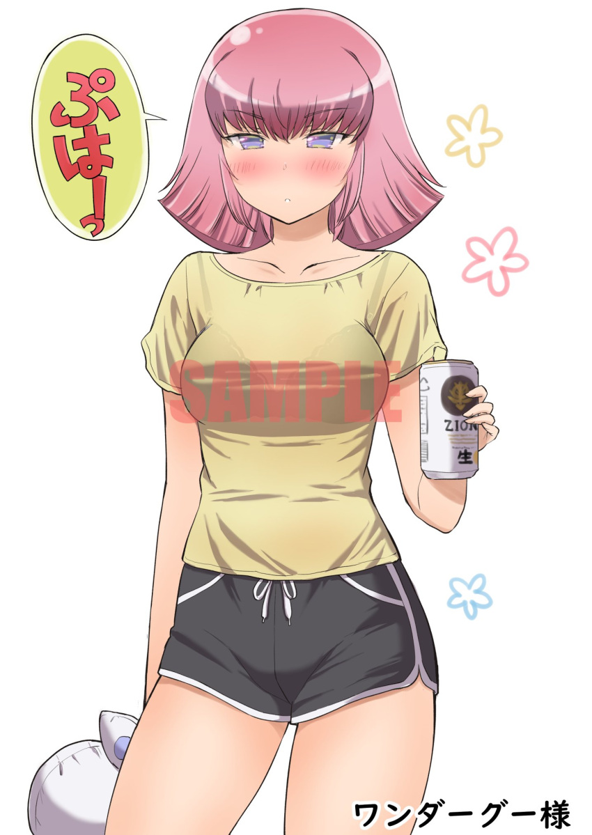 1girl arasa_ol_haman-sama black_bra black_shorts blush bottle bra bra_visible_through_clothes breasts collarbone flower frilled_bra frills frown gundam haman_karn highres holding holding_bottle holding_stuffed_toy iwasaki_masakazu medium_breasts pink_hair purple_eyes qubeley sample short_shorts shorts solo speech_bubble stuffed_toy underwear watermark white_background zeon