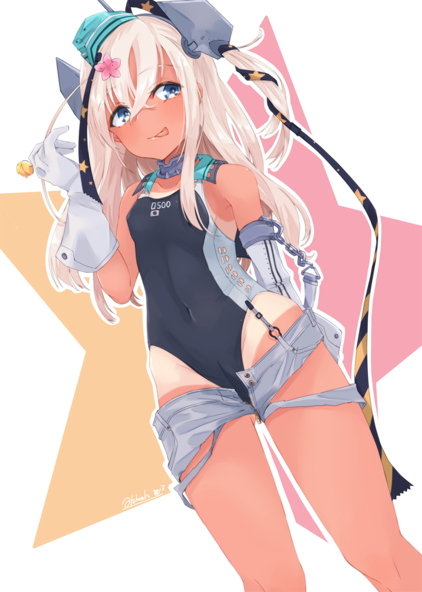 1girl alakoala aqua_headwear black_swimsuit blonde_hair blue_eyes candy chupa_chups closed_mouth collarbone commentary cosplay feet_out_of_frame flower food garrison_cap gloves grey_shorts groin hair_between_eyes hair_flower hair_ornament hat headgear highres holding holding_candy holding_food kantai_collection lollipop long_hair one-piece_swimsuit pink_flower ro-500_(kancolle) scamp_(kancolle) scamp_(kancolle)_(cosplay) short_shorts shorts smile solo star_(symbol) swimsuit tan tanlines tongue tongue_out white_gloves