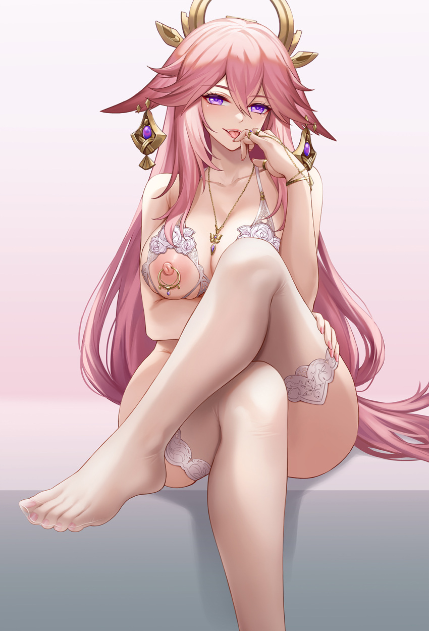 1girl animal_ears bare_shoulders bra braid braided_ponytail breasts chinese_commentary cleavage commentary_request crossed_legs cupless_bra feet finger_to_mouth fox fox_ears genshin_impact hair_ornament highres jewelry kacyu large_breasts legs long_hair looking_at_viewer naughty_face necklace nipple_cutout nipple_piercing no_shoes piercing pink_hair priestess purple_eyes solo thighhighs toes tongue tongue_out underwear yae_(genshin_impact)