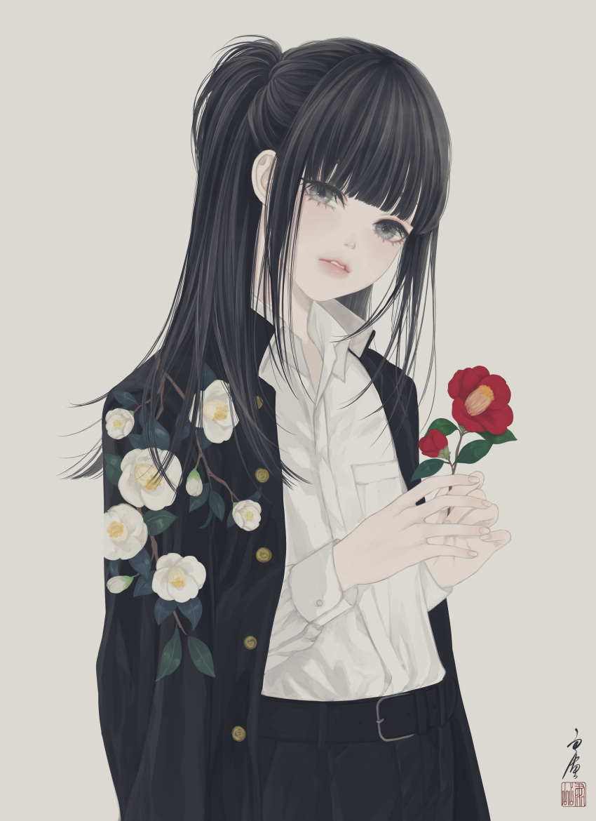 1boy absurdres bangs belt bishounen black_belt black_hair black_jacket black_pants blunt_bangs buttons camellia collared_shirt commentary cowboy_shot dress_shirt floral_print flower gakuran grey_background grey_eyes half_updo highres holding holding_flower jacket jacket_on_shoulders leaf_print long_hair long_sleeves looking_at_viewer male_focus open_clothes open_jacket original pants parted_lips ponytail red_flower school_uniform seal_impression shirt shirt_tucked_in sidelocks signature solo standing straight_hair ushiyama_ame white_flower white_shirt