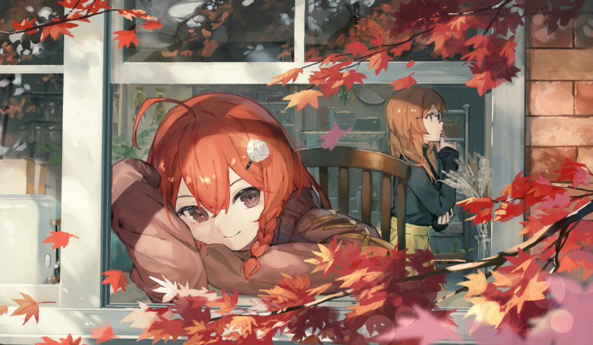 2girls ahoge autumn autumn_leaves bangs black_shirt branch brick_wall brown_eyes brown_hair brown_shirt brown_skirt chair closed_mouth commentary_request day flower food from_outside hair_between_eyes hair_flower hair_ornament hairclip highres kobuta leaf long_hair long_sleeves maple_leaf multiple_girls on_chair original outdoors profile rose shirt sitting skirt sleeves_past_fingers sleeves_past_wrists smile toast toaster white_flower white_rose window