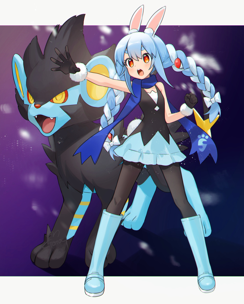 1girl alternate_costume animal_ears bangs black_gloves black_legwear blue_footwear blue_hair blue_scarf blush boots border braid carrot_hair_ornament commentary_request cosplay crossover dawn_(pokemon) dawn_(pokemon)_(cosplay) fangs food-themed_hair_ornament full_body fur-trimmed_gloves fur_trim gloves gotou_(nekocat) gradient gradient_background hair_ornament highres hololive knee_boots long_hair looking_to_the_side luxray multicolored_hair open_mouth orange_eyes outstretched_arm pantyhose poke_ball_hair_ornament pokemon pokemon_(creature) pokemon_(game) pokemon_dppt purple_background rabbit_ears scarf sidelocks solo standing thick_eyebrows twin_braids two-tone_hair usada_pekora virtual_youtuber white_hair